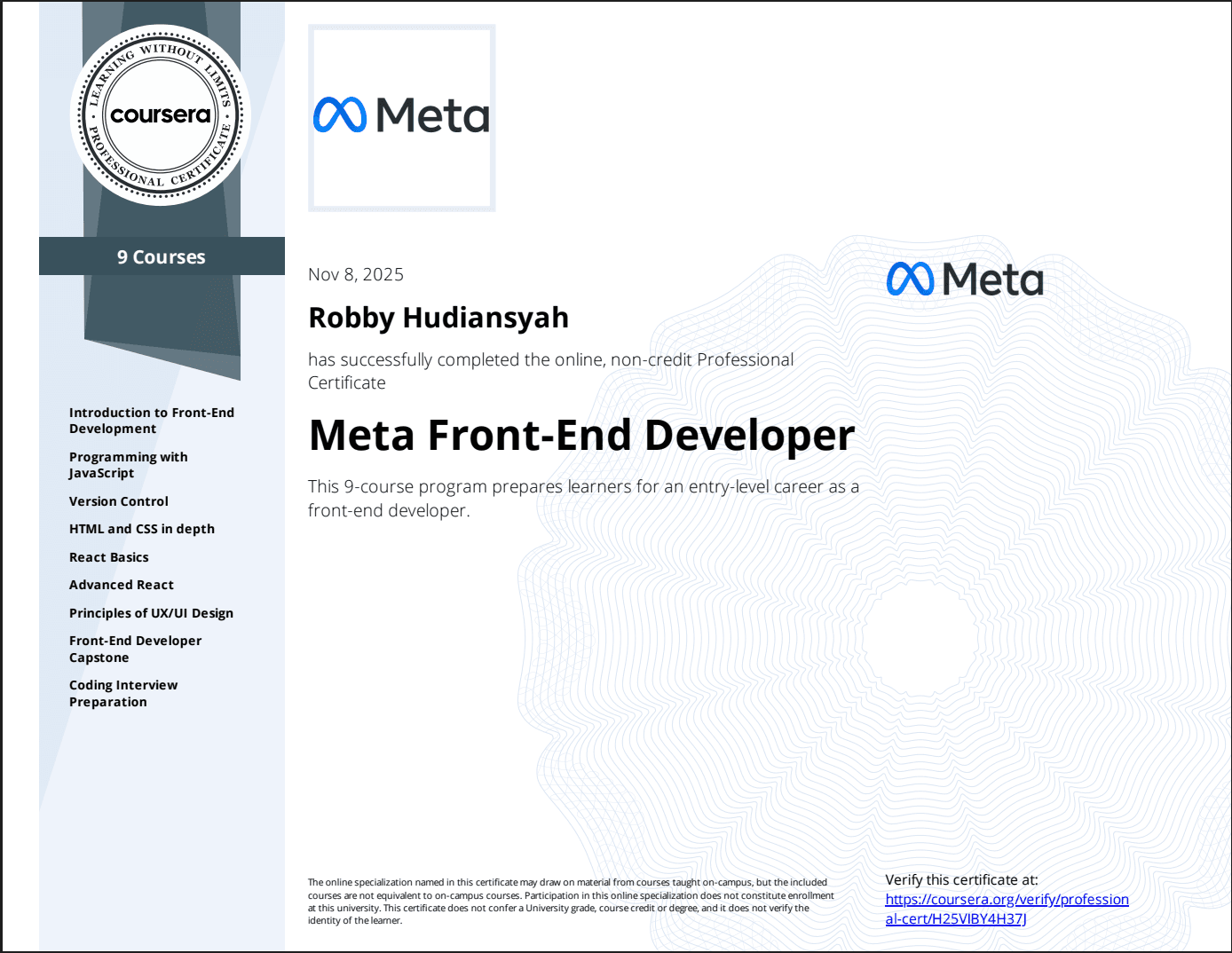 Meta Front-End Developer Professional Certificate